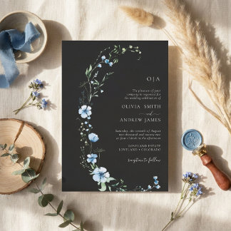 Convite de Casamento Floral Boho Preto | Azul Somb