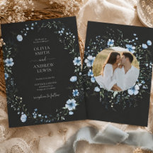 Convite de Casamento Floral Boho Preto | Azul Somb