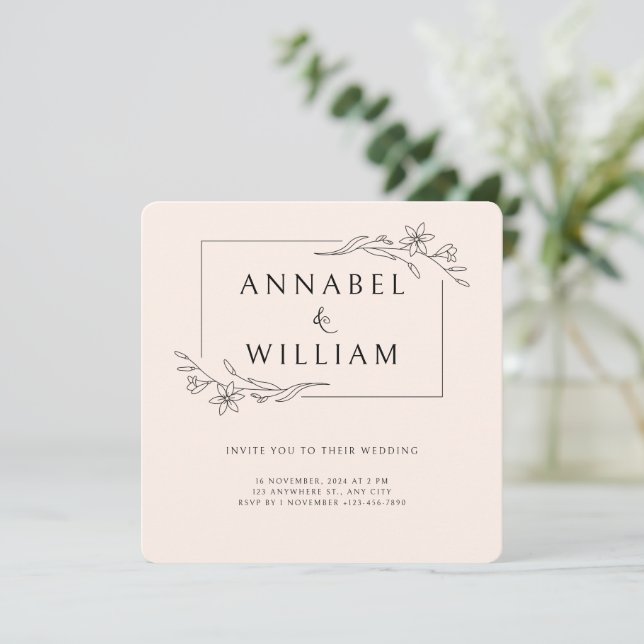 Convite de Casamento Floral Boho Preto Rosa (Em pé/Frente)
