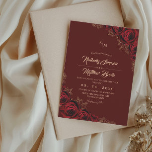 Convite de Casamento Floral Boho Rosa Burgundy e D