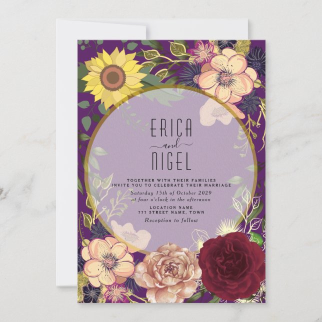 Convite de Casamento Floral Boho Roxo (Frente)