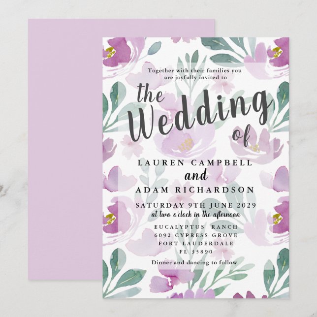 Convite de Casamento Floral Boho Roxo (Frente/Verso)