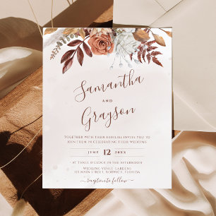 Convite de Casamento Floral Boho Rústico Neutro Or