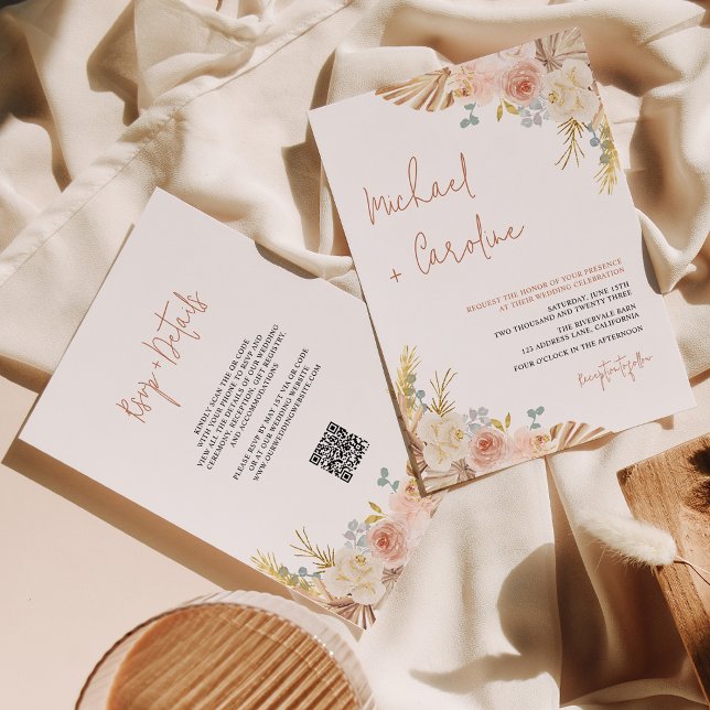 Convite de Casamento Floral Boho Terracota Pampas  (Criador carregado)