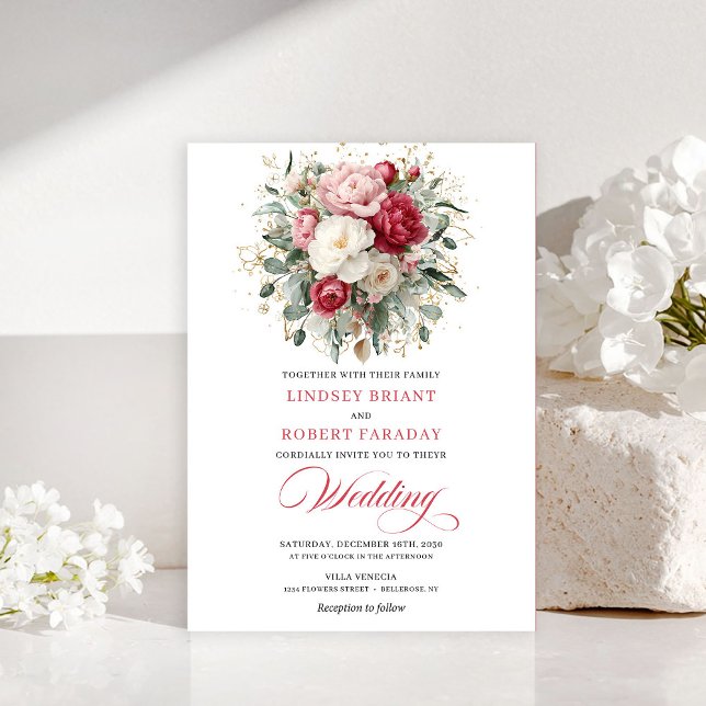 Convite de Casamento Floral Boho Vermelho Elegante (Elegant Boho Red Blush Gold Floral Wedding InvitE)