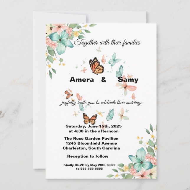 Convite de Casamento Floral Borboleta Aquarela Ele (Frente)