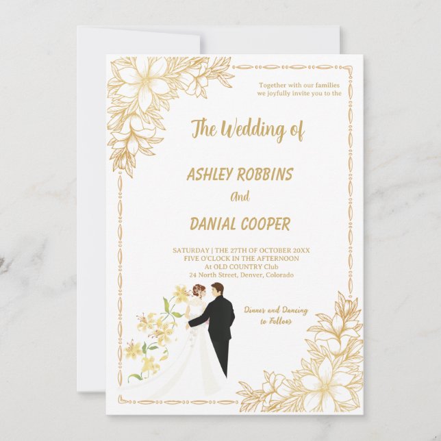 Convite de casamento floral Border dourado e branc (Frente)