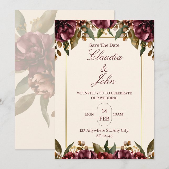 Convite de Casamento Floral Borgonha (Frente/Verso)