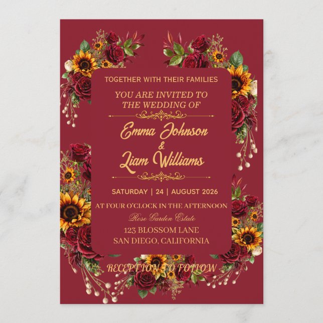 Convite de Casamento Floral Borgonha (Frente)
