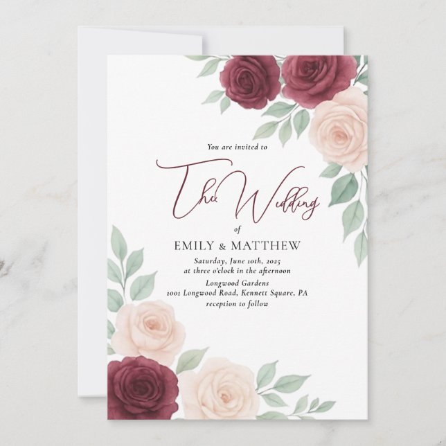 Convite de Casamento Floral Borgonha Aquarela (Frente)