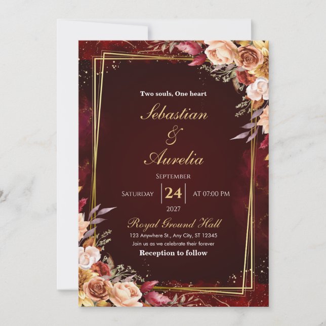 Convite de Casamento Floral Borgonha Aquarela em D (Frente)