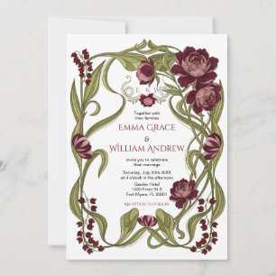 Convite de Casamento Floral Borgonha Art Nouveau
