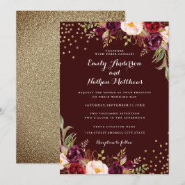 Convite de Casamento Floral Borgonha com Confete D