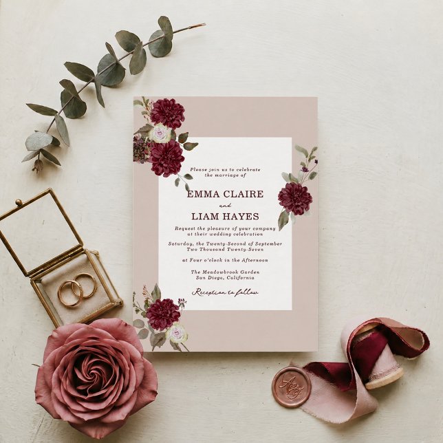Convite de Casamento Floral Borgonha de Outono (Criador carregado)