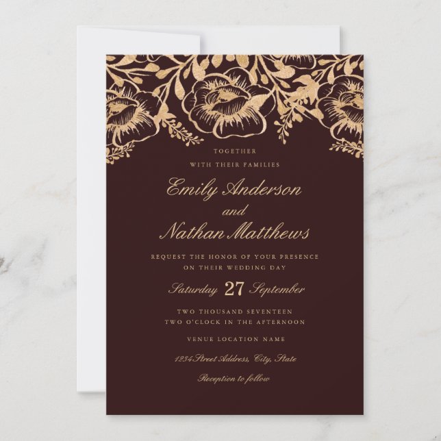 Convite de Casamento Floral Borgonha Dourado Vinta (Frente)