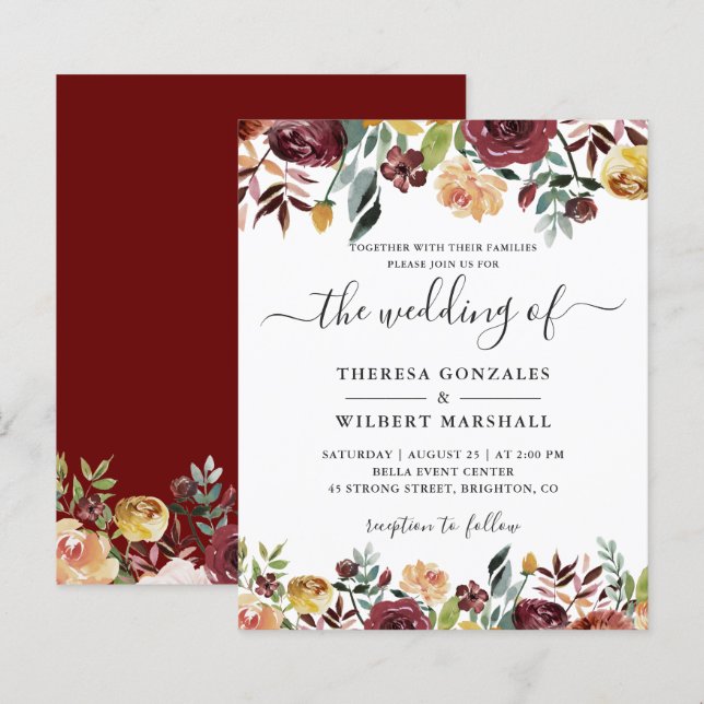 Convite de Casamento Floral Borgonha Econômico (Frente/Verso)