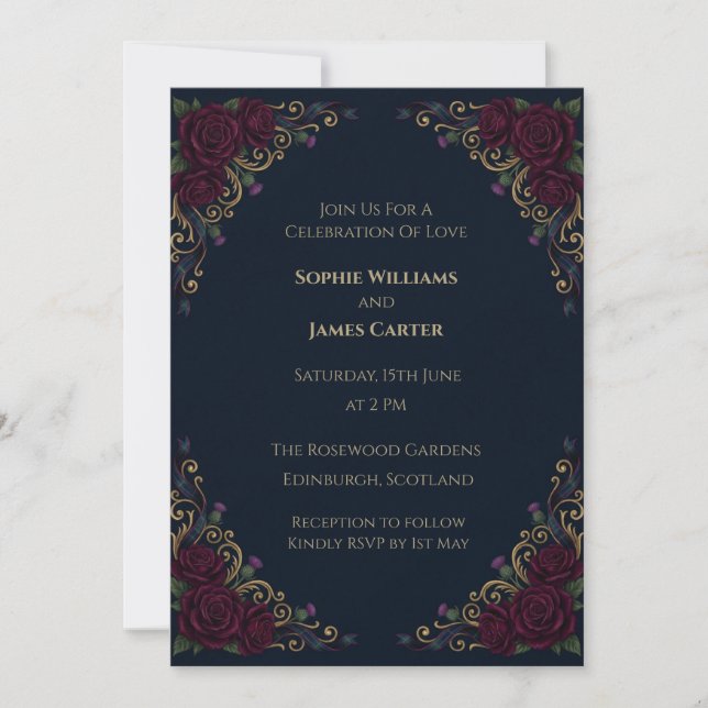 Convite de Casamento Floral Borgonha Escuro (Frente)