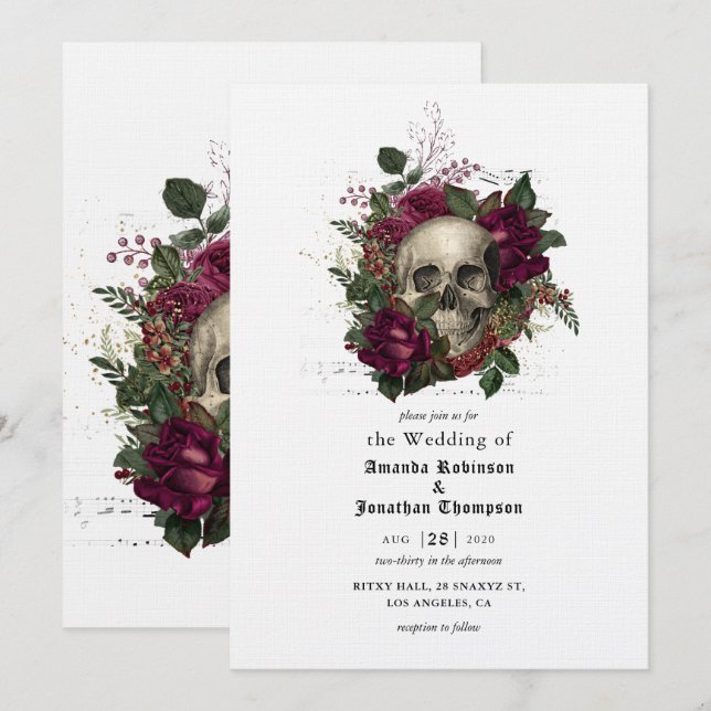 Convite de Casamento Floral Borgonha Halloween Gót (Frente/Verso)
