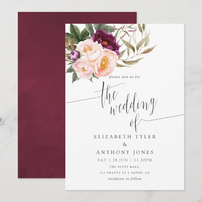 Convite de Casamento Floral Borgonha - Marsala e P (Frente/Verso)