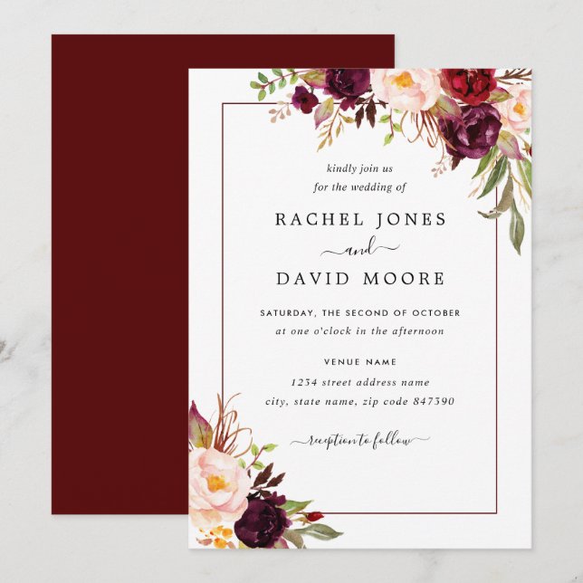 Convite de Casamento Floral Borgonha Moderno (Frente/Verso)