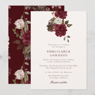Convite de Casamento Floral Borgonha Old Money