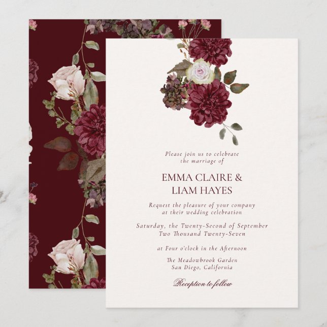 Convite de Casamento Floral Borgonha Old Money (Frente/Verso)