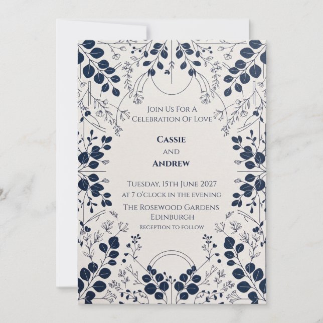 Convite de Casamento Floral Botânico Azul Marinho (Frente)
