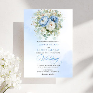 Convite de Casamento Floral Botânico Azul Poeira C