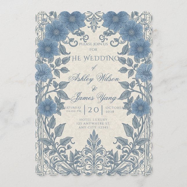 Convite de Casamento Floral Botânico Azul Prata (Frente)