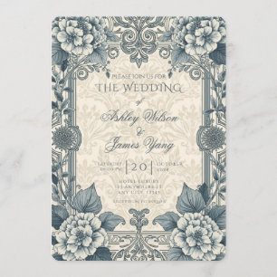 Convite de Casamento Floral Botânico Azul Prata