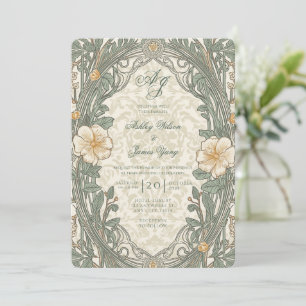 Convite de Casamento Floral Botânico Bege Verde