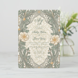 Convite de Casamento Floral Botânico Bege Verde