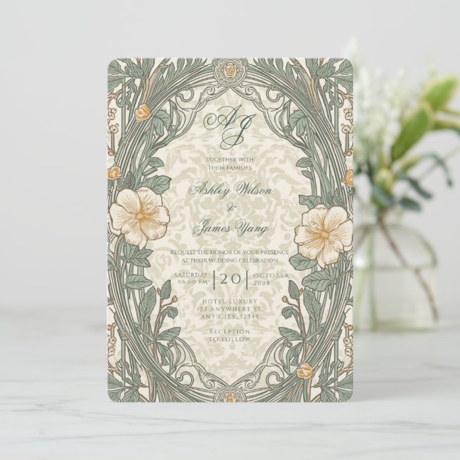Convite de Casamento Floral Botânico Bege Verde (Em pé/Frente)