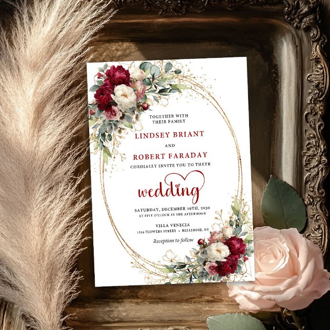 Convite de Casamento Floral Botânico Boho Borgonha (Burgundy Boho Botanical Floral Wedding Invite)