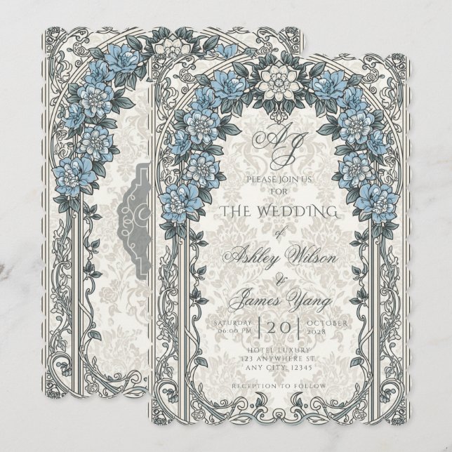 Convite de Casamento Floral Botânico Cinza Azul (Frente/Verso)