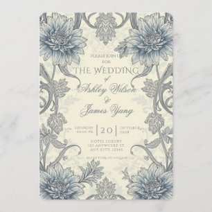 Convite de Casamento Floral Botânico Cinza Azul