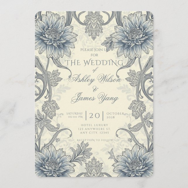 Convite de Casamento Floral Botânico Cinza Azul (Frente)