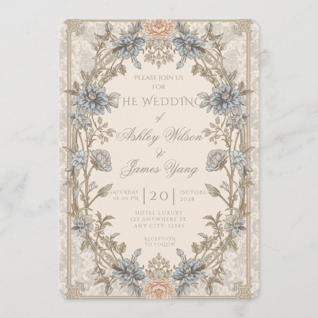Convite de Casamento Floral Botânico Dourado Azul (Frente)