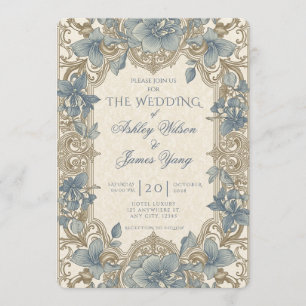 Convite de Casamento Floral Botânico Dourado Azul