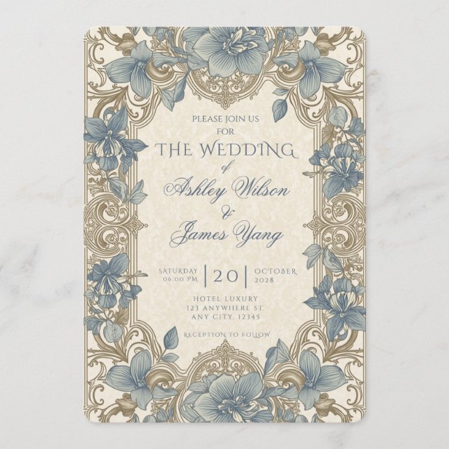 Convite de Casamento Floral Botânico Dourado Azul (Frente)
