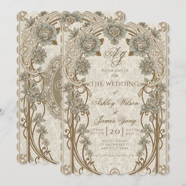 Convite de Casamento Floral Botânico Dourado Azul (Frente/Verso)