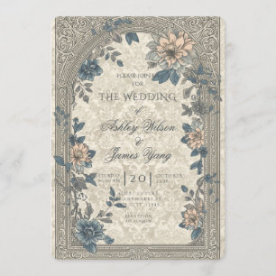 Convite de Casamento Floral Botânico Dourado Azul