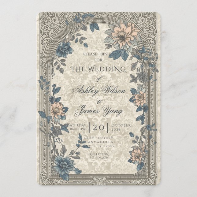 Convite de Casamento Floral Botânico Dourado Azul (Frente)