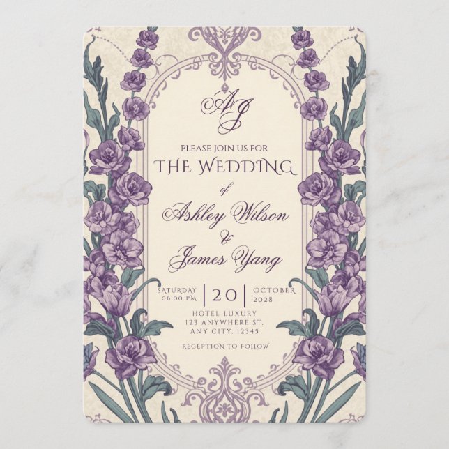Convite de Casamento Floral Botânico Elegante Roxo (Frente)