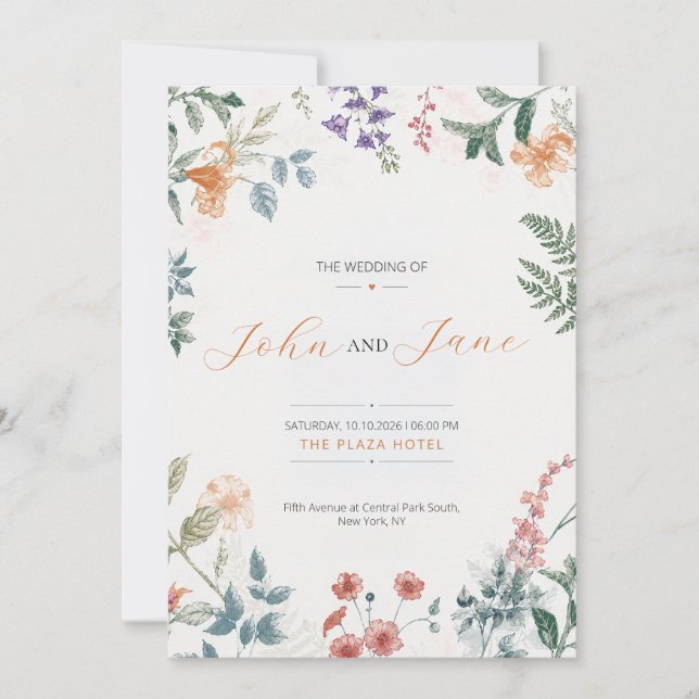 Convite de Casamento Floral Botânico Elegante T (Frente)