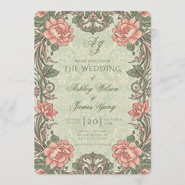 Convite de Casamento Floral Botânico Elegante Verd (Frente)