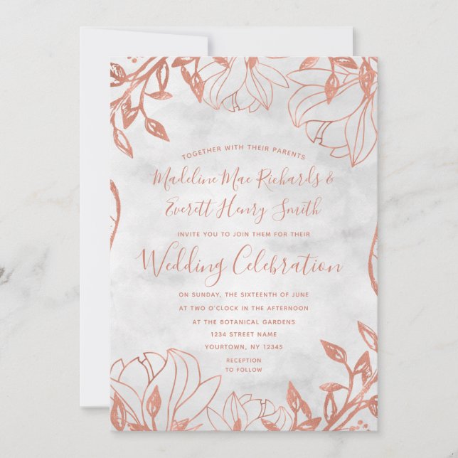 Convite de Casamento Floral Botânico em Rose Gold  (Frente)