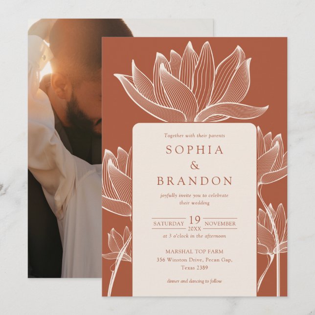 Convite de Casamento Floral Botânico em Terracota (Frente/Verso)