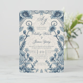 Convite de Casamento Floral Botânico Luxuoso Azul