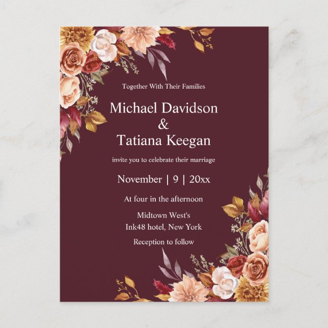 Convite de Casamento Floral Botânico Outono Temper (Frente)